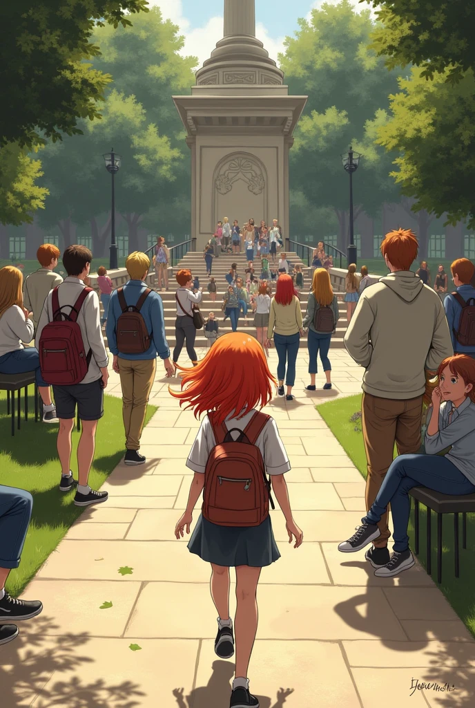 A red-haired girl went to the court, There were several students scattered around the place in small groups. But she was looking for a specific group, Your friends, sitting near the beam.

