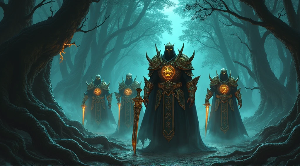 Prompt 1: The Battle Preparation
Description: A dark, mystical forest at night, illuminated by a crescent moon. In the foreground, several heavily armored warriors from the guild "La Danse Macabre" are preparing for battle. Their armor is ornate, with glowing runes etched into the metal, and they carry large, enchanted weapons. The background shows tall, ancient trees with twisted branches, their roots entwined with glowing magical energy. The scene is tense, with a sense of anticipation, as the warriors stand ready to face the coming fight. Shadows and mist swirl around their feet, adding to the mysterious and dangerous atmosphere.
Style: Cinematic, dark fantasy, highly detailed, and atmospheric.