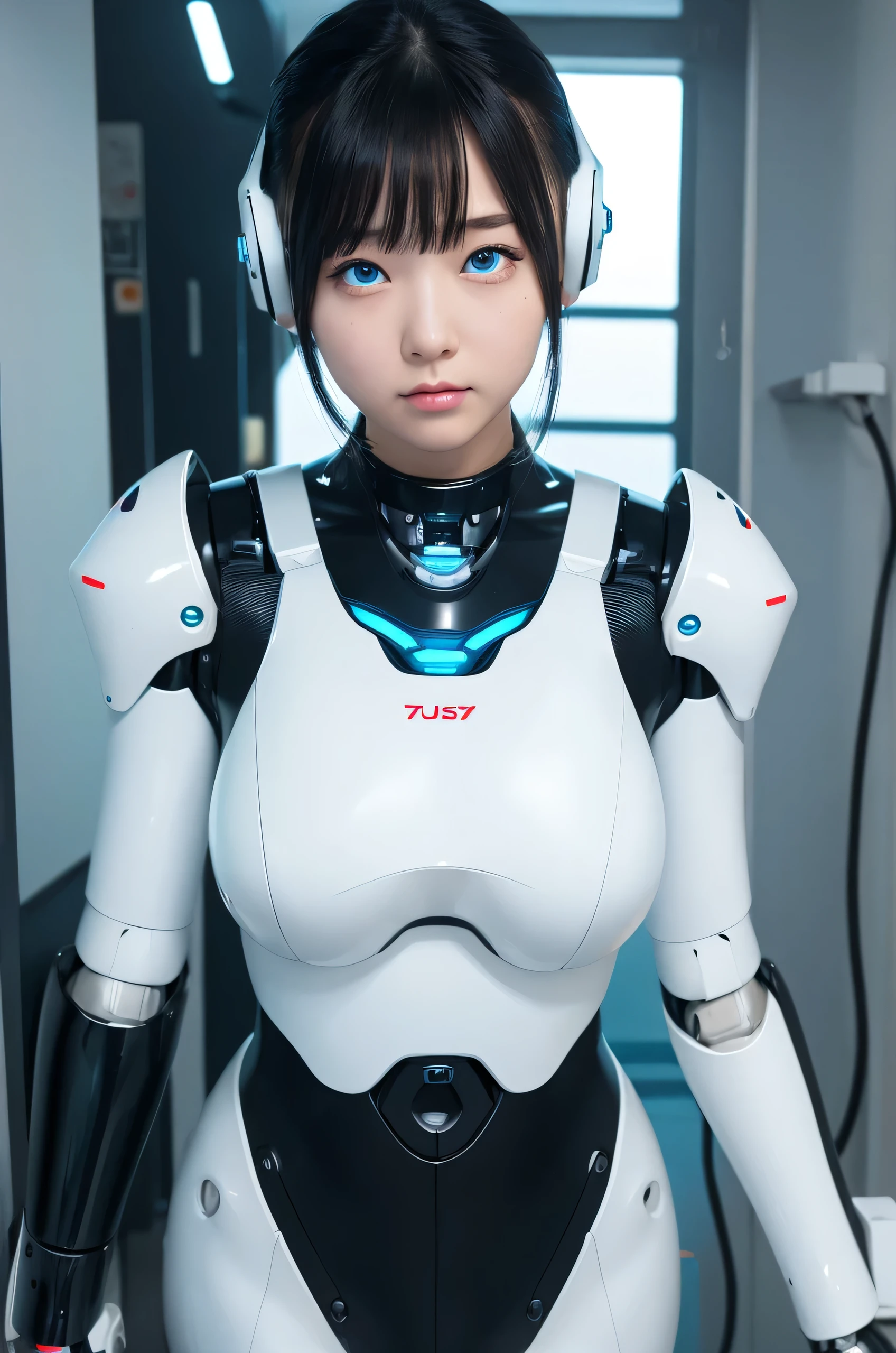 masterpiece, Best Quality, Extremely detailed, Japaese android girl,Plump,chubby,control panels,android,Droid,Mechanical Hand, ,Robot arms and legs, Black hair,Mechanical body,Blunt bangs,White Robotics Parts,perfect robot woman,Charging spot,Long Tube,A thick cable was connected to her neck,ceramic body ,Mechanical body, mechanical ear covers,android,robot humanoid,a bit chubby,panty,full eyes,perfect mechanical body,white robotics body,future laboratory,android factory,mechanical ear cover,white and aqua uniform,costume with aqua accents,perfect cyborg girl,blue eyes,rolling eyes