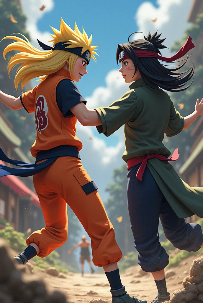 Female Naruto, with bandana x female Sasuke fighting with bandana, female version, Disney Pixar style long hair.