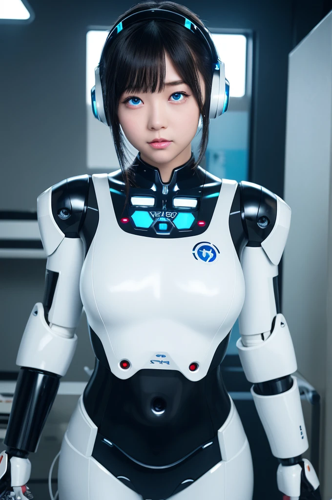 masterpiece, Best Quality, Extremely detailed, Japaese android girl,Plump,chubby,control panels,android,Droid,Mechanical Hand, ,Robot arms and legs, Black hair,Mechanical body,Blunt bangs,White Robotics Parts,perfect robot woman,Charging spot,Long Tube,A thick cable was connected to her neck,ceramic body ,Mechanical body, mechanical ear covers,android,robot humanoid,a bit chubby,panty,full eyes,perfect mechanical body,white robotics body,future laboratory,android factory,mechanical ear cover,white and aqua uniform,costume with aqua accents,perfect cyborg girl,blue eyes,rolling eyes