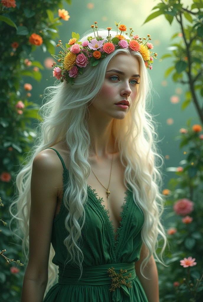 Ethereal woman, cascades of long white hair interwoven with vibrant flowers, clad in a verdant floral-embellished dress, nestled within an abundance of lush green flora, bathed in a gentle kaleidoscope of soft luminescence, a whimsical portrait with a magical ambiance, dream-like quality, finely detailed textures, 8K resolution, ultra-fine digital painting