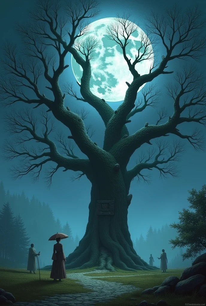 The Sacred Tree in the Moonlight : A great sacred tree, illuminated by the light of the full moon. The tree is surrounded by a luminous halo, with details like deep roots and branches stretching high into the sky. We see spirits or ethereal figures barely visible around the tree, représentant les ancêtres qui veillent sur le village.