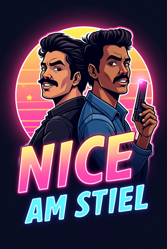 i need  a significant logo for a YouTube channel which contains topics like movies, action figures, cosplays, video games and pop culture. the name of channel is NICE AM STIEL which is a german pun for a popsicle which means EIS AM STIEL in german. please visualize a proper logo with the likeness of a popsicle and everything I mentioned in the description. Be sure that the logo looks like two 80's characters like the main protagonists from MIAMI VICE - made them out of popsicle, one Man has a mustache and a light skin tone and the other Man has  black hair and a brown skin tone but most importantly the Logo as to feature the name NICE AM STIEL + feature the Names  Randy Paradise & Corey Walkman above that characters