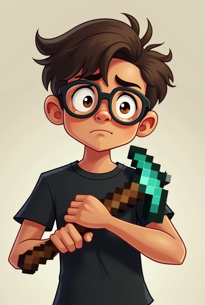 you create a character from the waist up, holding a Minecraft diamond pickaxe with both hands, pointing left, your arms appear, His outfit is a black short sleeve shirt, His expression is one of nervousness, he is looking slightly to the left, he wears a lens glasses, he has short hair, your skin tone is a little light brown, your style is a little more cartoonish, just to remind you, he wears prescription glasses, your face is not square.