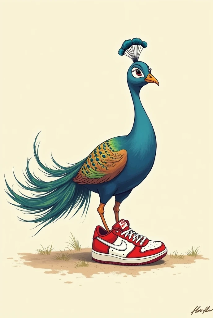 Nike air force | low retro branco/rot, peacock wearing tennis shoes, animated cartoon, can you make it more drawn??