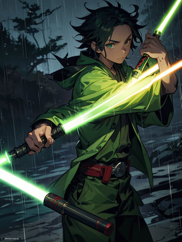 tanjiro kamado from demon slayer, in jedi clothing and using a green lightsaber, in the rain at night