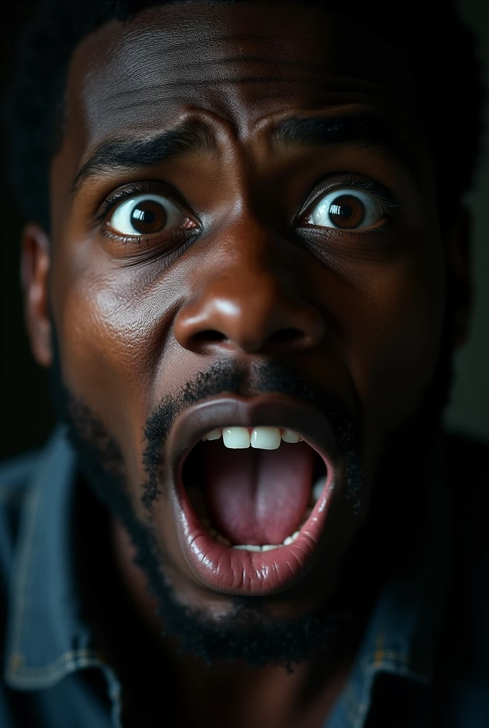 Scared young black man with wide eyes looking straight ahead and the image becomes bottomless with tears coming out of his eyes