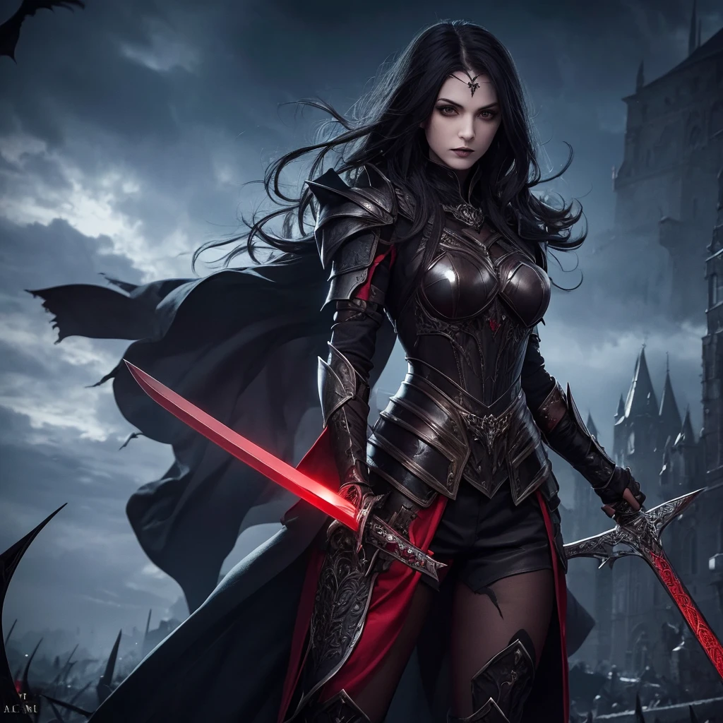 gothic vampire woman with armor and sword in victorious pose