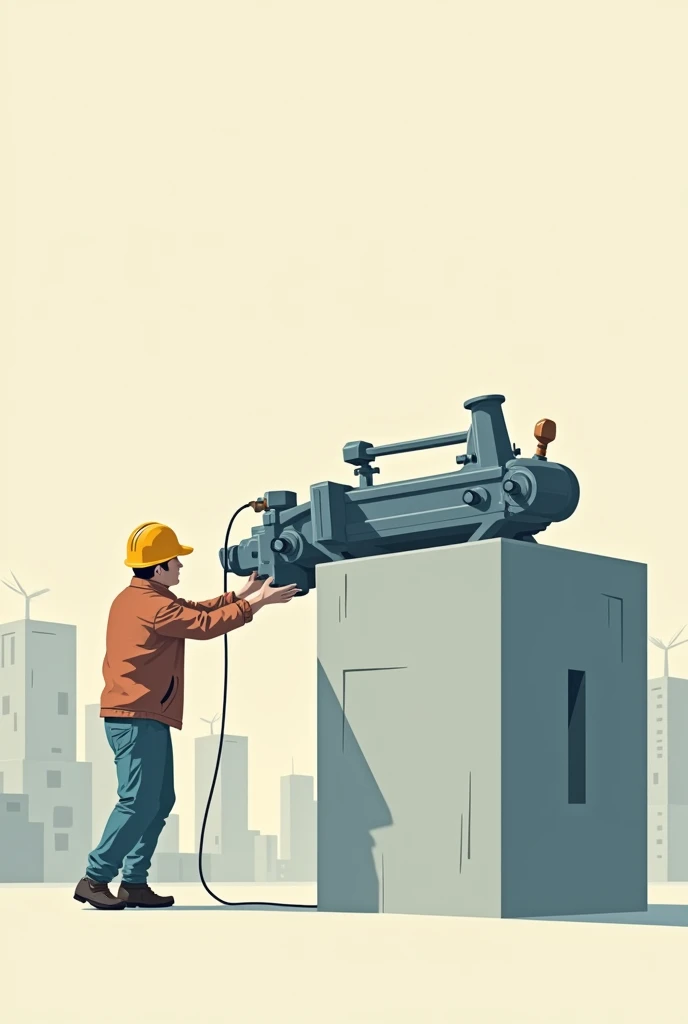 Make a hydraulic jack mounted on a concrete structure (pedestal)  , The hydraulic jack must be lying down pushing a building forward (The image style must be a flat style drawing)