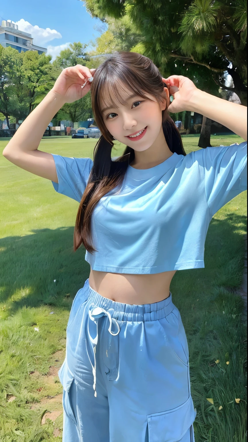 (8k, Top quality, Masterpiece:1.2), (Realistic, photo-realistic:1.37), Super detailed, perfect anatomy, cute, small eyes, 1, a Japanese, girl, sweat shorts, slim legs, outdoor,