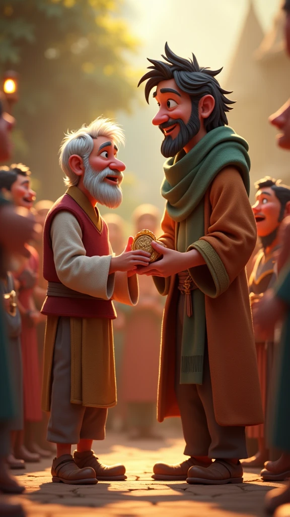: "At the village council, the rich man stands next to the poor old man, giving him a generous reward of a sum of money or a check. The poor man looks grateful and happy, while the rich man appears to be grateful. The villagers smile, expressing their happiness at this generous act." , 3d animation ,disney inspired, 8k