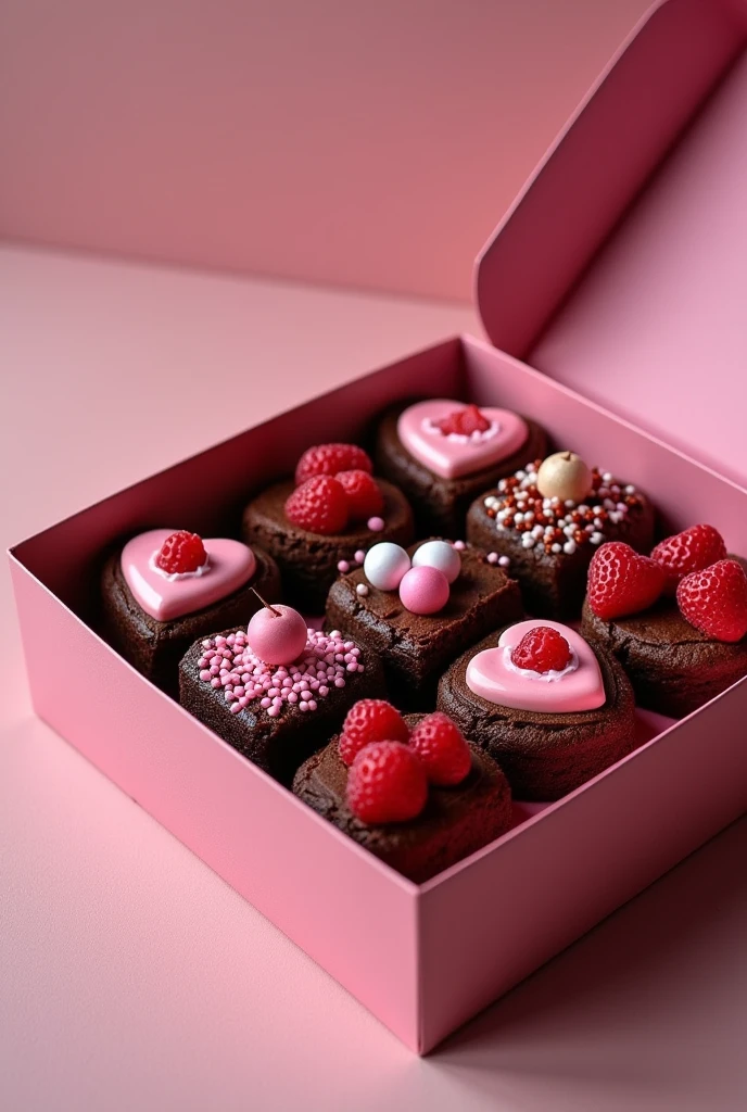 A box of heart-shaped brownies with colorful toppings. That they are inside a box 6 broqnies, the image in horizontal format