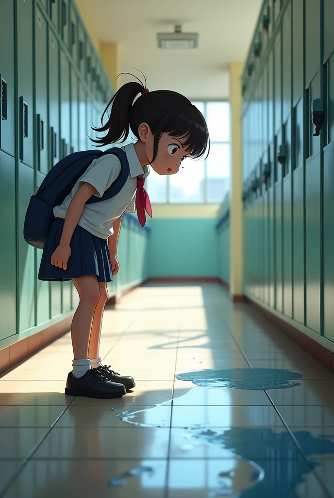 Girl watching a water leak at school