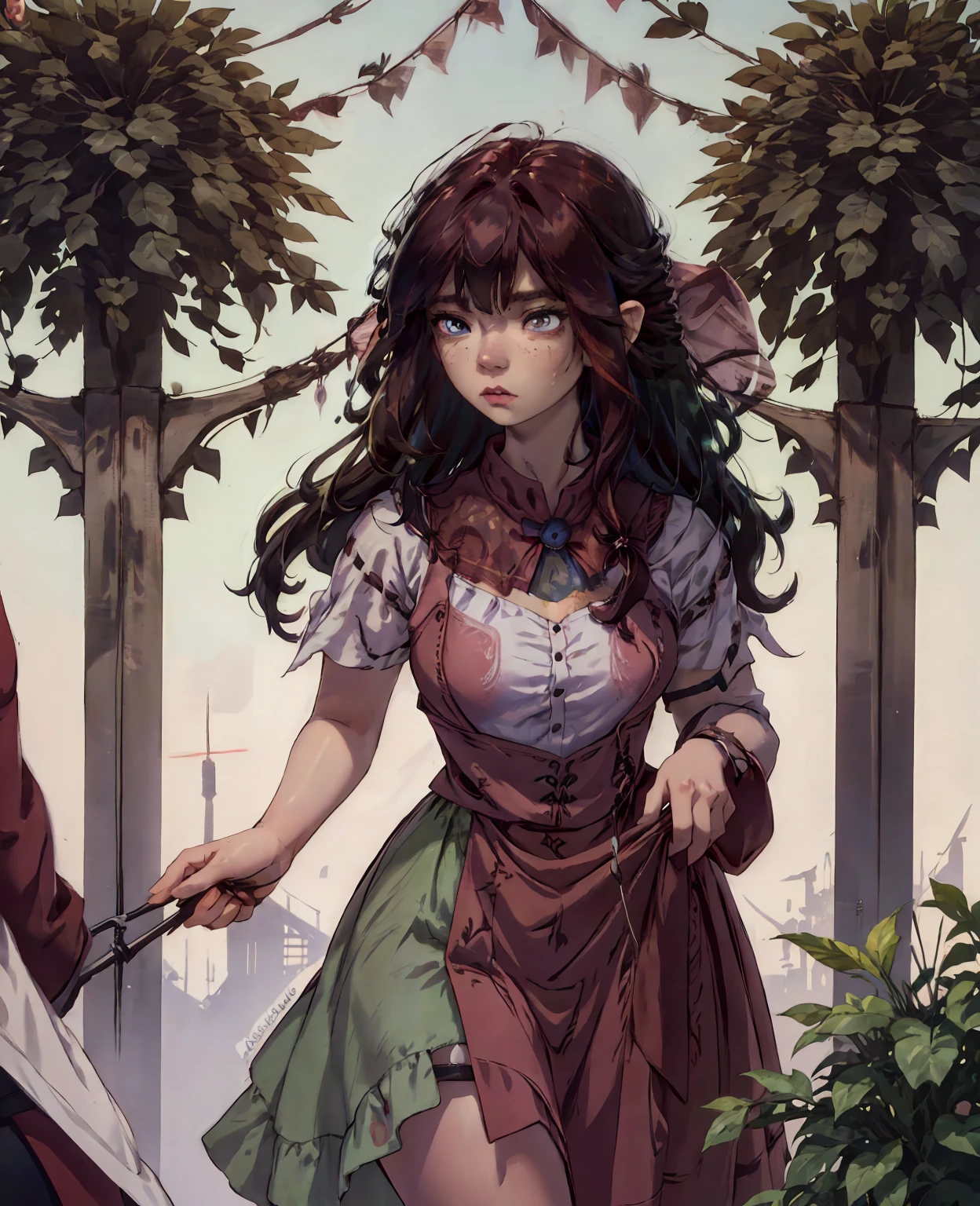 a beautiful young woman with long, flowing red hair, large green eyes, and delicate facial features, wearing an ornate, tattered dress in a dark, enchanted forest setting, (Anya Taylor-Joy as a goblin girl, hyperrealistic, photorealistic, 8k, best quality, masterpiece:1.2), ultra-detailed, extremely detailed portrait, intricate details, natural lighting, warm color palette, moody atmosphere, fantasy, dark fairy tale, ethereal, captivating gaze