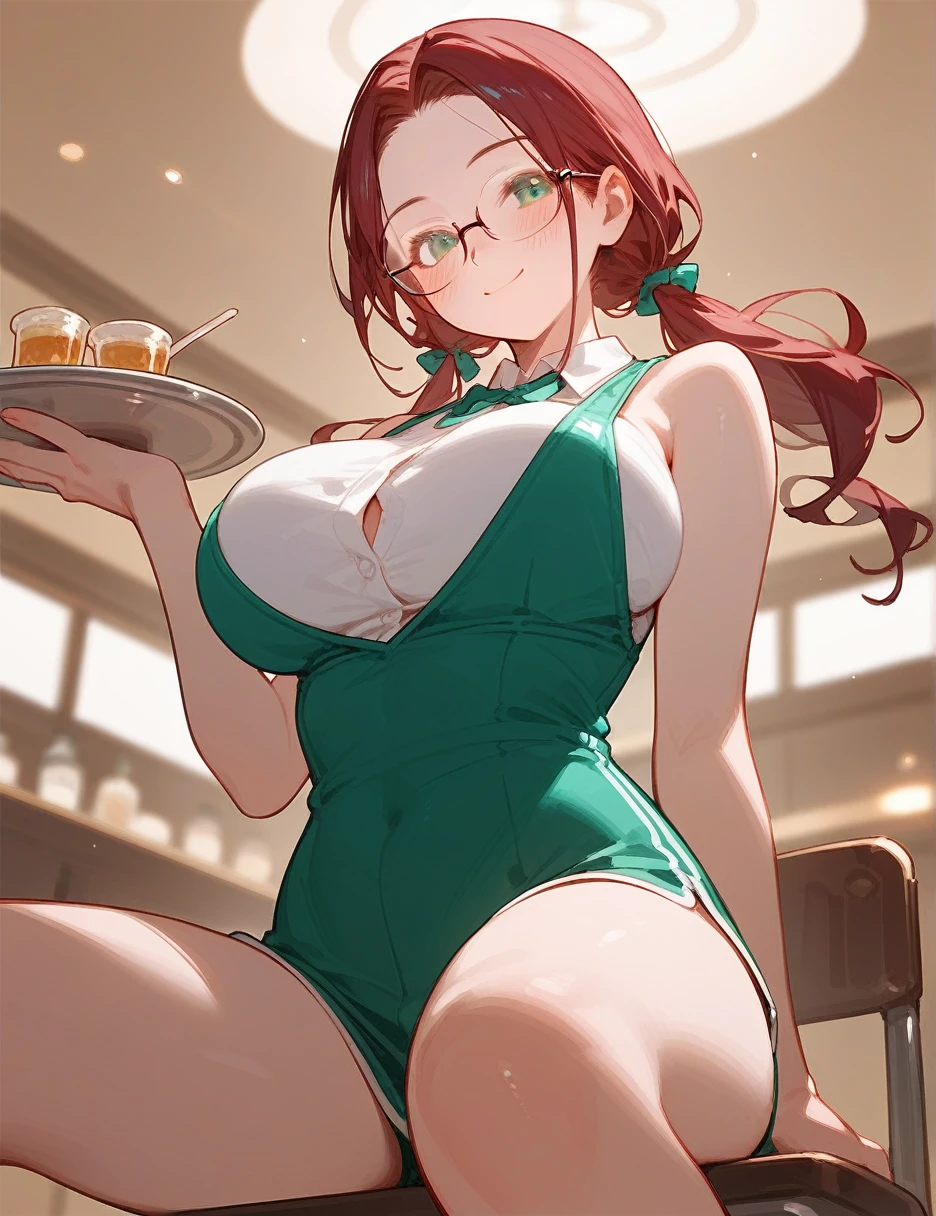 iced_latte_with_breast_milk, red hair, human,  Masterpiece, Best Quality, nilou (genshin impact), long hair, bangs, red hair, parted bangs, twintails, nail polish, aqua eyes, very long hair, low twintails, detailed sexy makeup, modern cafe, naked apron, sexy apron, green apron, wet apron, large breasts, milky nipples, bare body, bare legs, coffee bar, backside coffee bar, standing, daring pose, erotic facial expression, erotic pussy, pervert, detailed personality, detailed body, detailed face, covered nipples