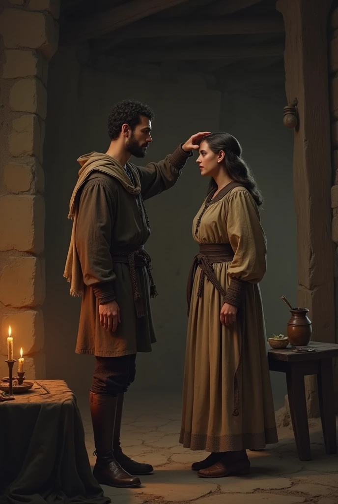 A man tells a woman that he feels pain in his forehead in medieval style