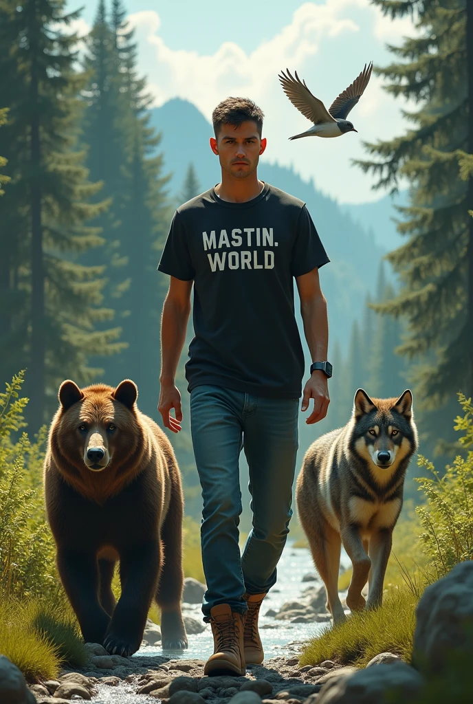 A 30-year-old man with black hair, very short cap , very white complexion,big green eyes , walking in profile , jeans dress , Mountain boots , Black T-shirt with the legend MASTIN. W O R L D , A bear and a wolf walk in profile next to him, and a swallow flies above him. , They go into the forest and you see a river like a kekas