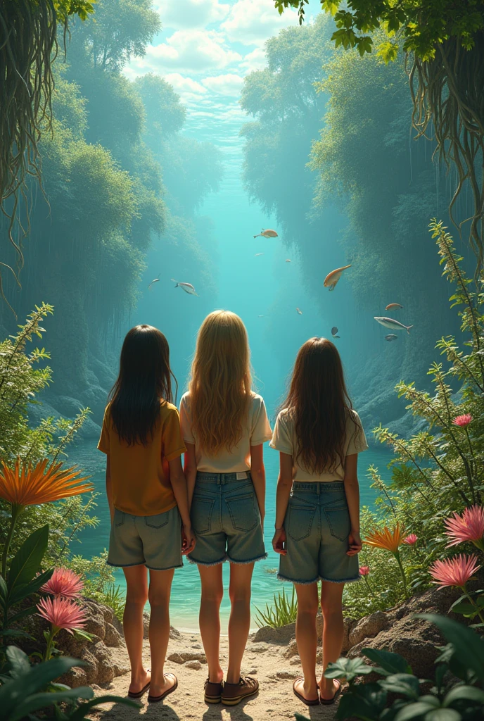create an image that shows what the earth looked like (including fauna and flora) in the Silurian period (444 to 416 million years ago; Thawing of glacial masses;Covered lands; Land plants and coral reefs; Miniature forests along lakes.by water; Fish and land animals; Predominance of invertebrates) and add three teenage girls to the landscape (one with brown hair, one with blonde hair and the other with dark brown hair0, make this art in realistic style make the girls face the camera, so that we can see their faces, make them normal size, make them turn to the camera please