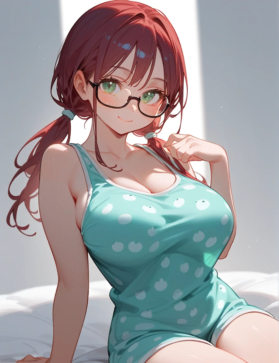 (from below:0.4), score_9_up,score_8_up, 1girl, solo, green eyes, burgundy hair, twin low tails, long hair, pajamas, ((blush)), singlet, closed mouth, smile, big breast, pose, ((sitting)), (thin girl:1.2), glasses,