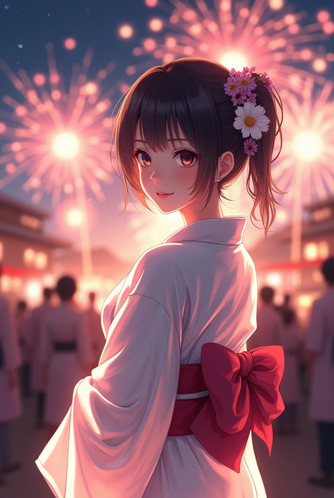 White yukata, "(((One beautiful woman))), I, Masseter muscle area, Highest quality, Elegant anime style, Yukata outdoors, Spectacular Pyrotechnics, Star mine with a large number of fireworks, Shots from a distance, Backward view, Night view, A shy smile, Bokeh effect and depth of field, High Key Light"