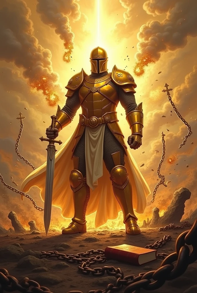 fund: A BACKGROUND OF BRIGHT SKY LIGHTS battle landscape, to create a sense of conflict and intensity.
soldier: ITS ARMOUR IS GOLDEN AND BRIGHT In the center, a soldier in shining armor, with shimmering metallic details. Armor should be detailed, BRIGHT and imposing, reflecting light to create a glowing effect. YOUR FACE CANNOT SHOW Sword: The soldier is holding a sword firmly, and the blade should look sharp and powerful. The sword MUST be cutting chains that are falling apart around it. Chains can be represented with iron details, some breaking or falling apart.
chains: MANY mooring chains may be visibly breaking or being cut by the sword. You can show some of them falling to the ground and others still partially attached., to emphasize the act of liberation.CHAINS BURST Additional Elements: ADD A BIBLE AT THE SOLDIER'S FEET , you can add details like glow around the sword, sparks of energy, or a subtle shine on the armor to increase the visual impact. PUT THE NAME OF THE AUTHOR DAMARIS MACHADO AT THE BOTTOM