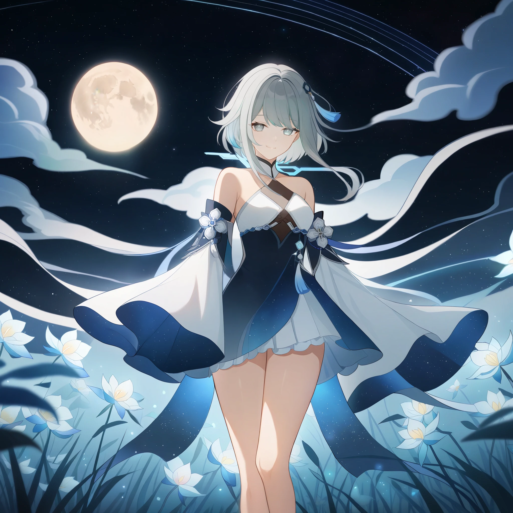 1girl, guizhong_\(genshin_impact\),light grey hair,short_hair_with_long_locks,starry_sky_print,detached_sleeves, long sleeves_past_fingers,hanfu,illustrated by matsuryuu and agahari and dsmile,pale blue eyes,stunning field of softly glowing blue and white glaze lilies,night scene,gentle smile,moonlight,glossy lips,vivid anime coloring,cel shading,smooth, soft dreamy focus,anklet,halter_top,white clothes,highly detailed,digital painting,field of flowers,bare_shoulders,wlop,barefoot,cool night tones, magical night scene,masterpiece, best quality, film, professional, 4k, highly detailed,Guardian nebula of rainbow light and silvery vapor,starry,cosmic,goddess,rich color,hdr,silver moon,

A woman shrouded in mystery, Stand gracefully on the endless shore, Surrounded by shimmering stardust, The bell Creates a faint glow in the haze. Her face, Full of expression and depth
