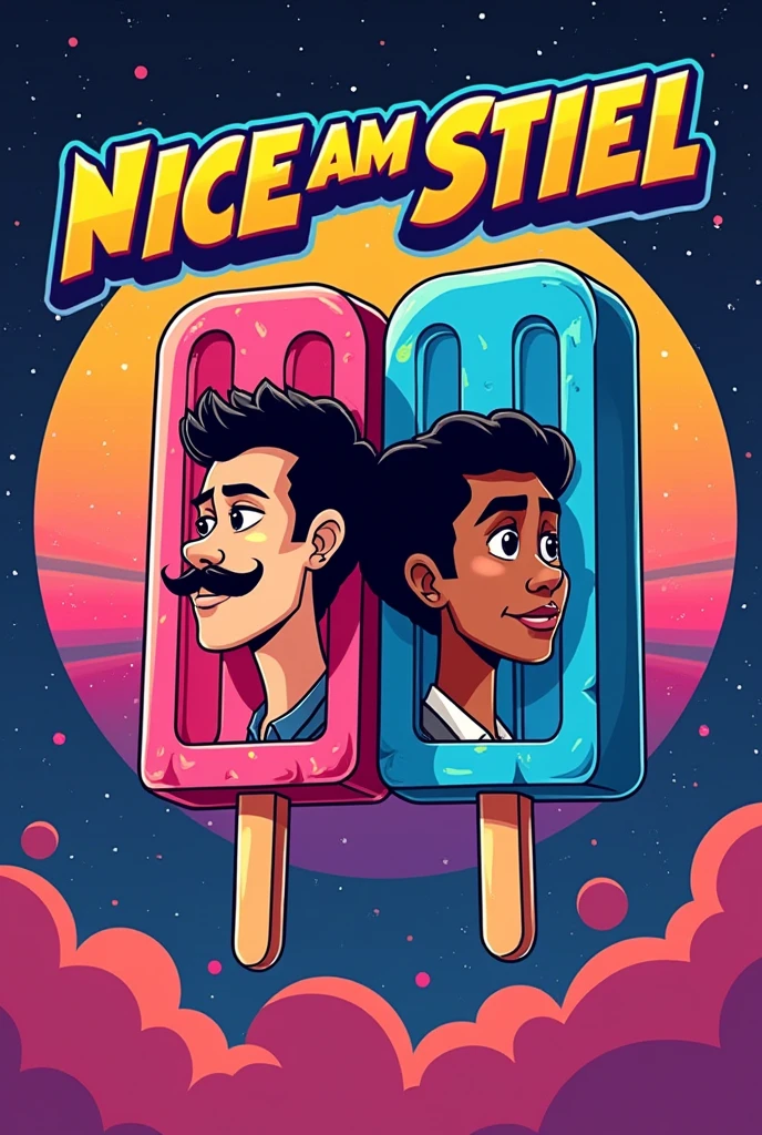 i need a significant logo for a YouTube channel which contains topics like movies, action figures, cosplays, video games and pop culture. the name of channel is NICE AM STIEL which is a german pun for a popsicle which means EIS AM STIEL in german. please visualize a proper logo with the likeness of a popsicle and everything I mentioned in the description. Be sure that the logo looks like two 80's characters like the main protagonists from MIAMI VICE - made them out of popsicle, one Man has a mustache and a light skin tone and the other Man has black hair and a brown skin tone but most importantly the Logo as to feature the name NICE AM STIEL + feature the Names Randy Paradise & Corey Walkman above that characters