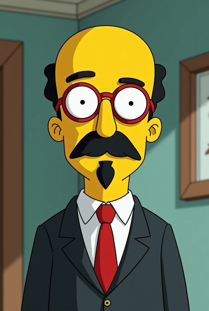 Create the animated character Kirk Evelyn Van Houten with a black goatee who is Milhouse's father with little black hair on the periphery and bald in the center of his rounded head with round red-framed glasses and a suit, with a flat nose with cheeks