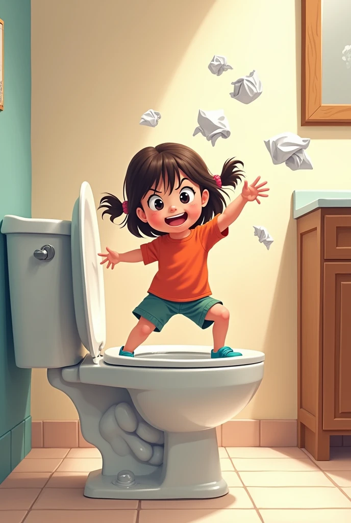 Girl throwing paper into the toilet