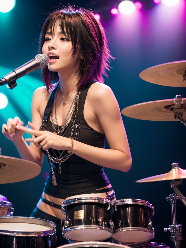 Photo quality､high resolution､high quality､One beautiful woman､Playing the drums、Hit､Mohawk､Hard Rock、sexy、musical instrument。