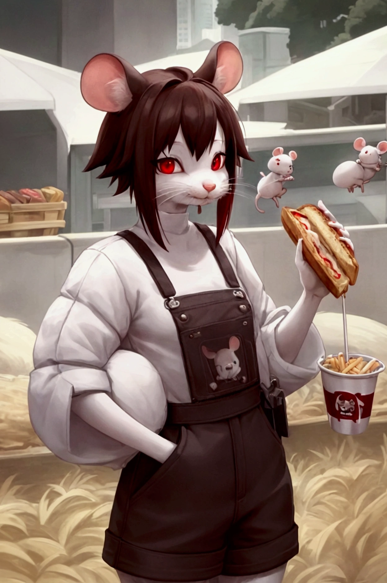 Mouse girl, white fur, Red eyes, thin rat whiskers, Red jumpsuit,eating a sandwich with fries, High definition,HD 4K, her have a rat tail and Mouse ear, Anthropomorphic, Furry,Short hair, Hairless rat tail, Farmer's clothing