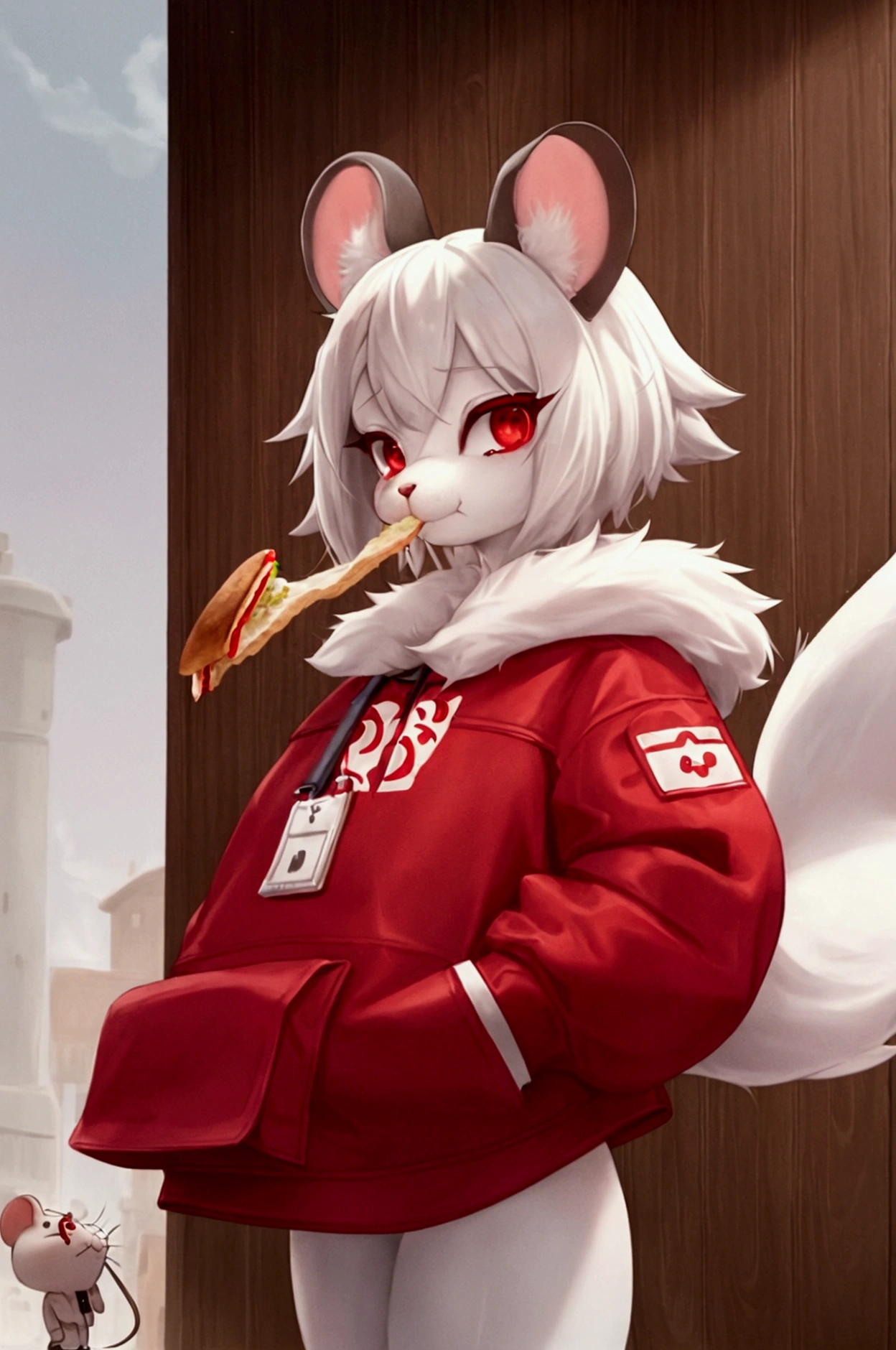 Mouse girl, white fur, Red eyes, thin rat whiskers, Red jumpsuit,eating a sandwich with fries, High definition,HD 4K, her have a rat tail and Mouse ear, Anthropomorphic, Furry,Short hair, Hairless rat tail, Farmer's clothing