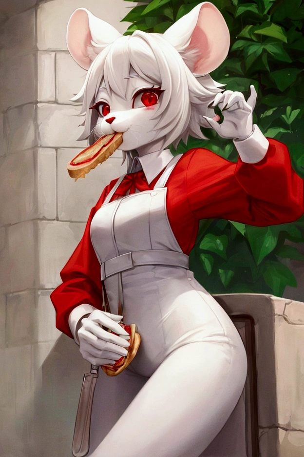 Mouse girl, white fur, Red eyes, thin rat whiskers, Red jumpsuit,eating a sandwich with fries, High definition,HD 4K, her have a rat tail and Mouse ear, Anthropomorphic, Furry,Short hair, Hairless rat tail, Farmer's clothing