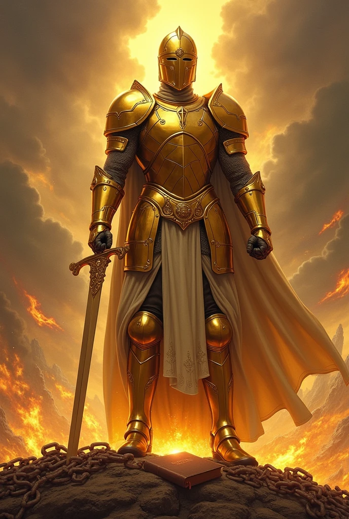 fund: A BACKGROUND OF BRIGHT SKY LIGHTS battle landscape, to create a sense of conflict and intensity.

soldier: ITS ARMOUR IS GOLDEN AND BRIGHT In the center, a soldier in shining armor, with shimmering metallic details. Armor should be detailed, BRIGHT and imposing, reflecting light to create a glowing effect. YOUR FACE CANNOT SHOW Sword: The soldier is holding a sword firmly, and the blade should look sharp and powerful. The sword MUST be cutting chains that are falling apart around it. Chains can be represented with iron details, some breaking or falling apart.

chains: MANY mooring chains may be visibly breaking or being cut by the sword. You can show some of them falling to the ground and others still partially attached., to emphasize the act of liberation.CHAINS BURST Additional Elements: ADD A BIBLE AT THE SOLDIER&#39;S FEET , you can add details like glow around the sword, sparks of energy, or a subtle shine on the armor to increase the visual impact.  PUT THE NAME OF THE AUTHOR DAMARIS MACHADO AT THE BOTTOM 