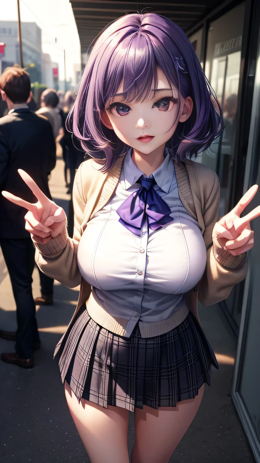 (Very detailed CG Unity 8K wallpaper),(masterpiece), (Highest quality), (Very detailed), (Best illustrations),(Best Shadow)、Large Breasts、crowd、Standing and spreading legs pose(Showing her underwear 1.2)、Purple eyes and very short purple hair、White blouse、Blue tie、Checked mini skirt、Beige cardigan、Dynamic Angle