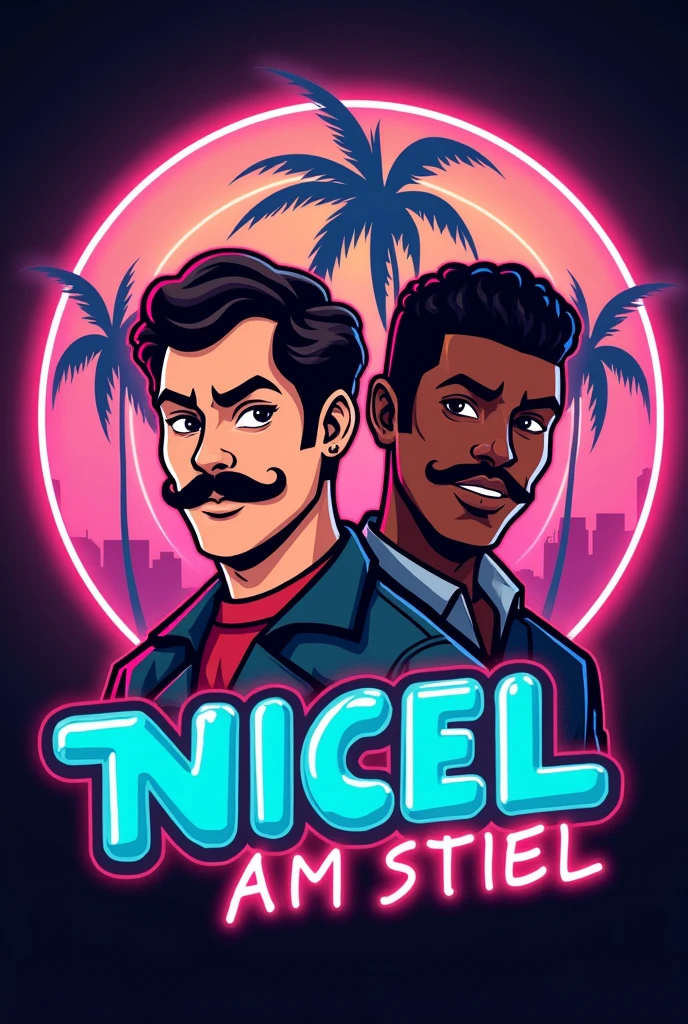 
I need  a significant logo for a YouTube channel which contains topics like movies, action figures, cosplays, video games and pop culture. the name of channel is NICE AM STIEL which is a german pun for a popsicle which means EIS AM STIEL in german. please visualize a proper logo with the likeness of a popsicle and everything I mentioned in the description. Be sure that the logo looks like two 80's characters like the main protagonists from MIAMI VICE - made them out of popsicle, one Male has a mustache, a Mullet and a light skin tone and the other Male has slightly longer black hair and a brown skin tone but most importantly the Logo as to feature the name NICE AM STIEL put the Names  "Randy Paradise & Corey Walkman" above that characters be sure that the characters ar two males