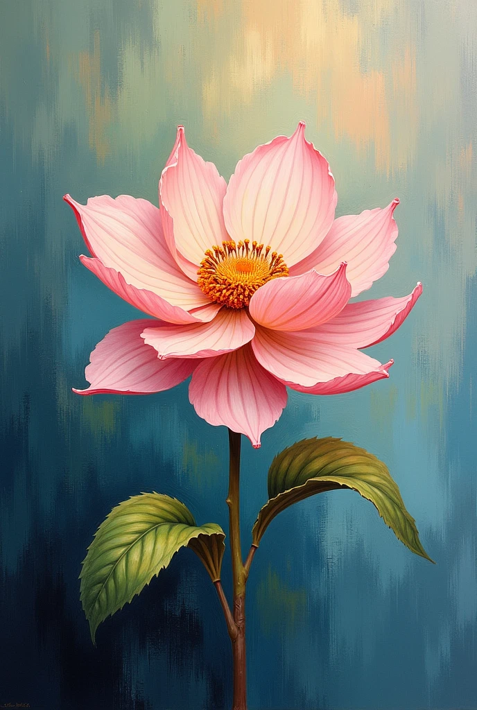 A painted masterpiece featuring a delicate flower as the focal point. Use heavy brush strokes in the background to provide a dynamic and textured contrast. The flower should be intricately detailed, showcasing its fragility and beauty amidst the bold, expressive background.