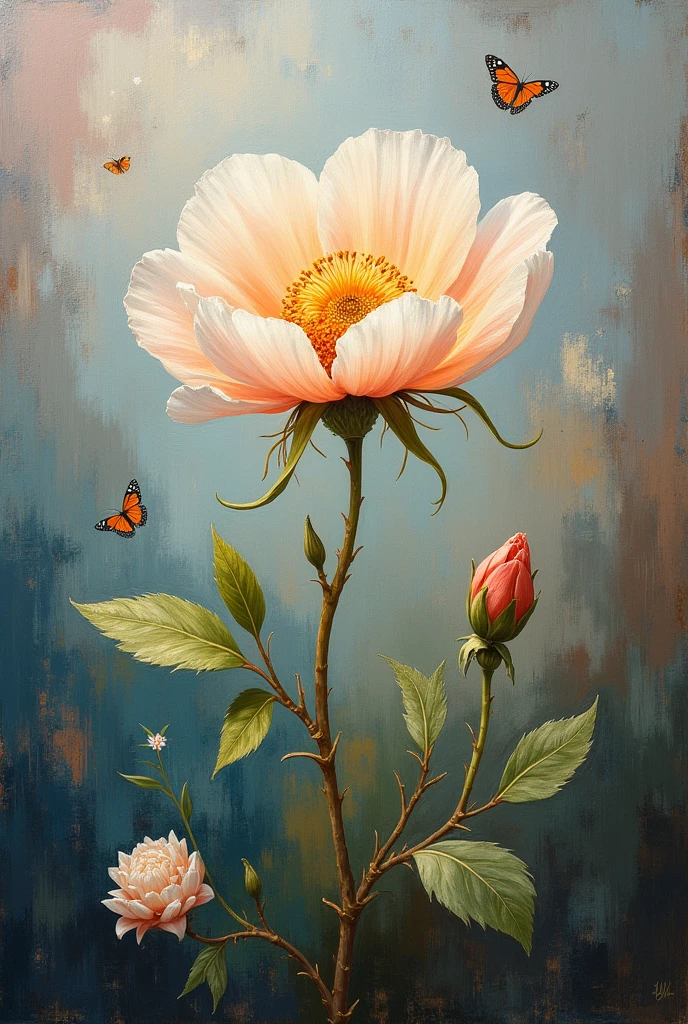 A painted masterpiece featuring a delicate flower as the focal point. Use heavy brush strokes in the background to provide a dynamic and textured contrast. The flower should be intricately detailed, showcasing its fragility and beauty amidst the bold, expressive background.