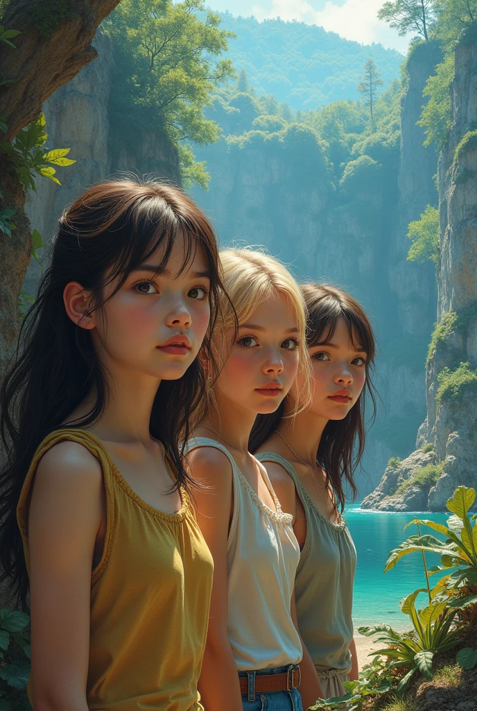 create an image that shows what the earth looked like (including fauna and flora) in the Silurian period (444 to 416 million years ago; Thawing of glacial masses;Covered lands; Land plants and coral reefs; Miniature forests along lakes.by water; Fish and land animals; Predominance of invertebrates) and add three teenage girls to the landscape (one with brown hair, one with blonde hair and the other with dark brown hair0, make this art in realistic style make the girls face the camera, so that we can see their faces, make them normal size, make them face the camera please, so that we can see their faces

