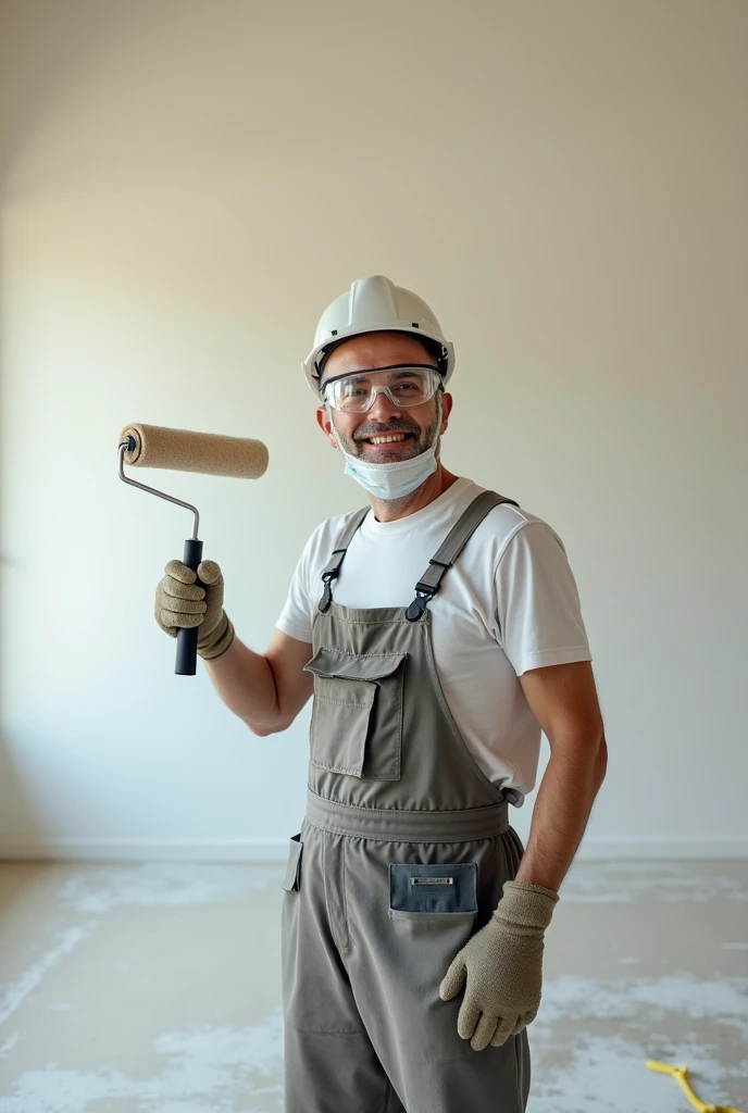 Man painting wall with roller and smiling PPE in drawing