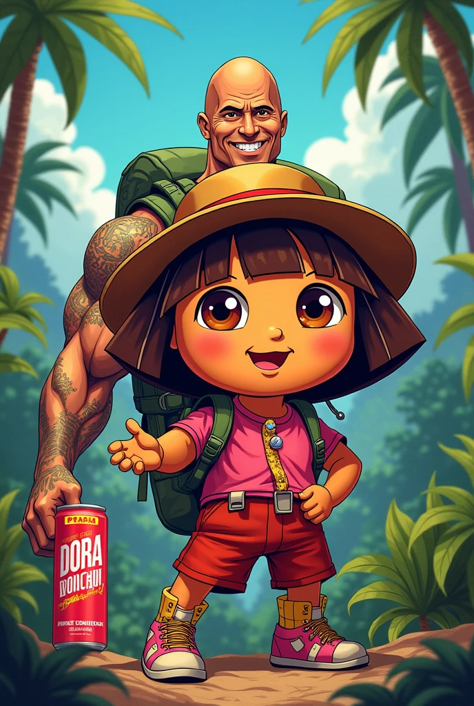 Energy drink with the face of Dwayne Johnson dressed as Dora the Explorer