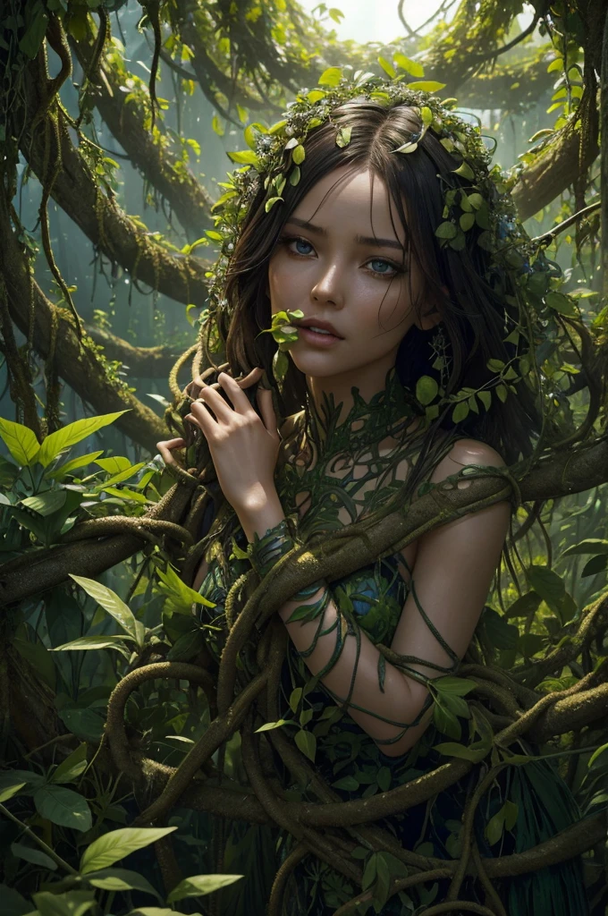 In a world where plants have evolved to become predators, a beautiful woman finds herself trapped in the mouth of a particularly vicious one. Her body is entangled in thorned vines, her arms desperately trying to break free. As she struggles, she experiences a hallucinatory journey, one that would make for a stunning key visual in a fashion magazine like Vogue or Harper's Bazaar.