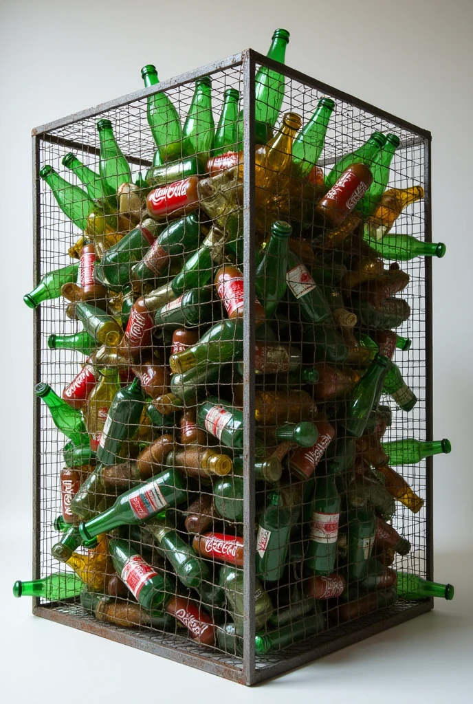Dozens of old plastic Coke bottles piled loose in a metal mesh cube 