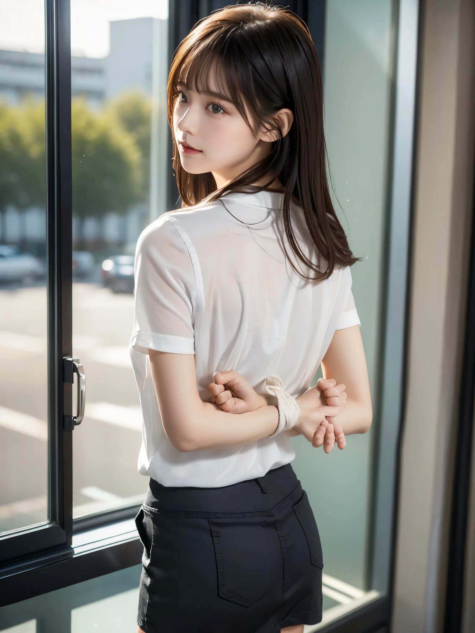 woman、her hands are tied、((put your hands behind your back))、((Place your hands together and cross them behind your back))、(((Her wrists are tied with rope)))、shibari、Beauty、20Year、university student、(anatomicaly, Has two arms and two hands)、In a lighted hotel room、Standing by the window、Outside the window is the night sky、There are many stars、Wearing a short-sleeved blouse、Wear a high school student-style miniskirt、Uniform eyes、Proportional ratio、Small breasts、Small face、(I can see from head to heel), Black Hair, bangs, swept bangs, Straight hair, Nervous, Messy Hair, Floating hair, Cinema Lighting, tachi-e, First-person view, throw, From behind, F/1.2, Nikon, Surrealism, 超High resolution, Highest quality, High resolution, 8k, Textured skin, anatomicaly正しい体,