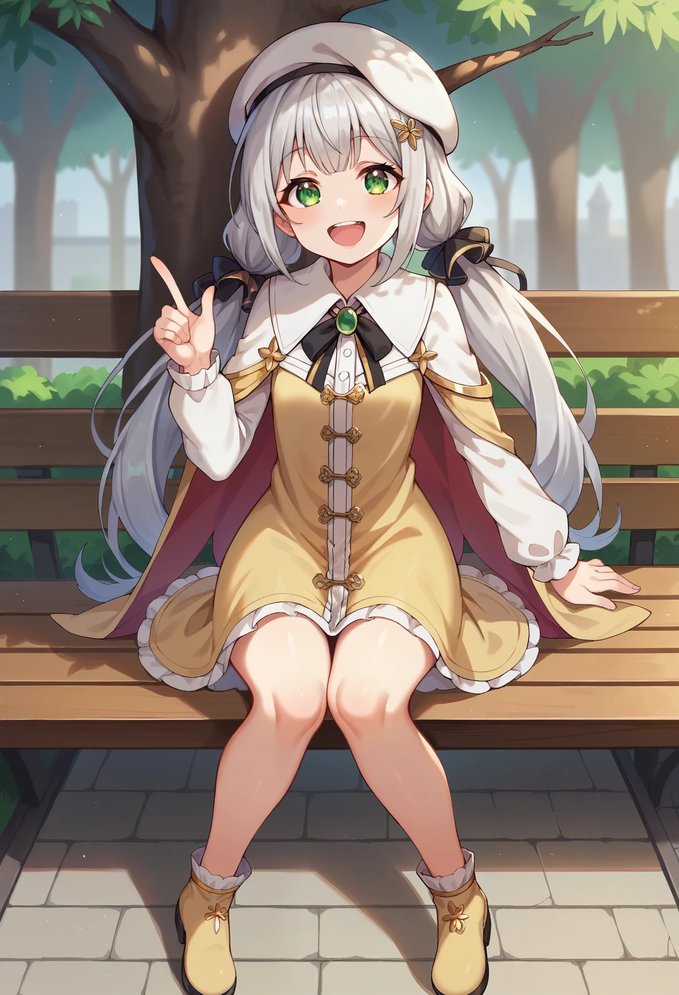 (masterpiece:1.2, Highest quality),Visible from the knees to the head, ,Green and yellow-green eyes,Drooping eyes,smile,Laughing with open mouth,(Silver Hair),Pigtails,Wearing a beret,Beige dress with gold trim,Short cape,Black Ribbon,Tree-lined street,Sitting on a bench,Stick out your index finger