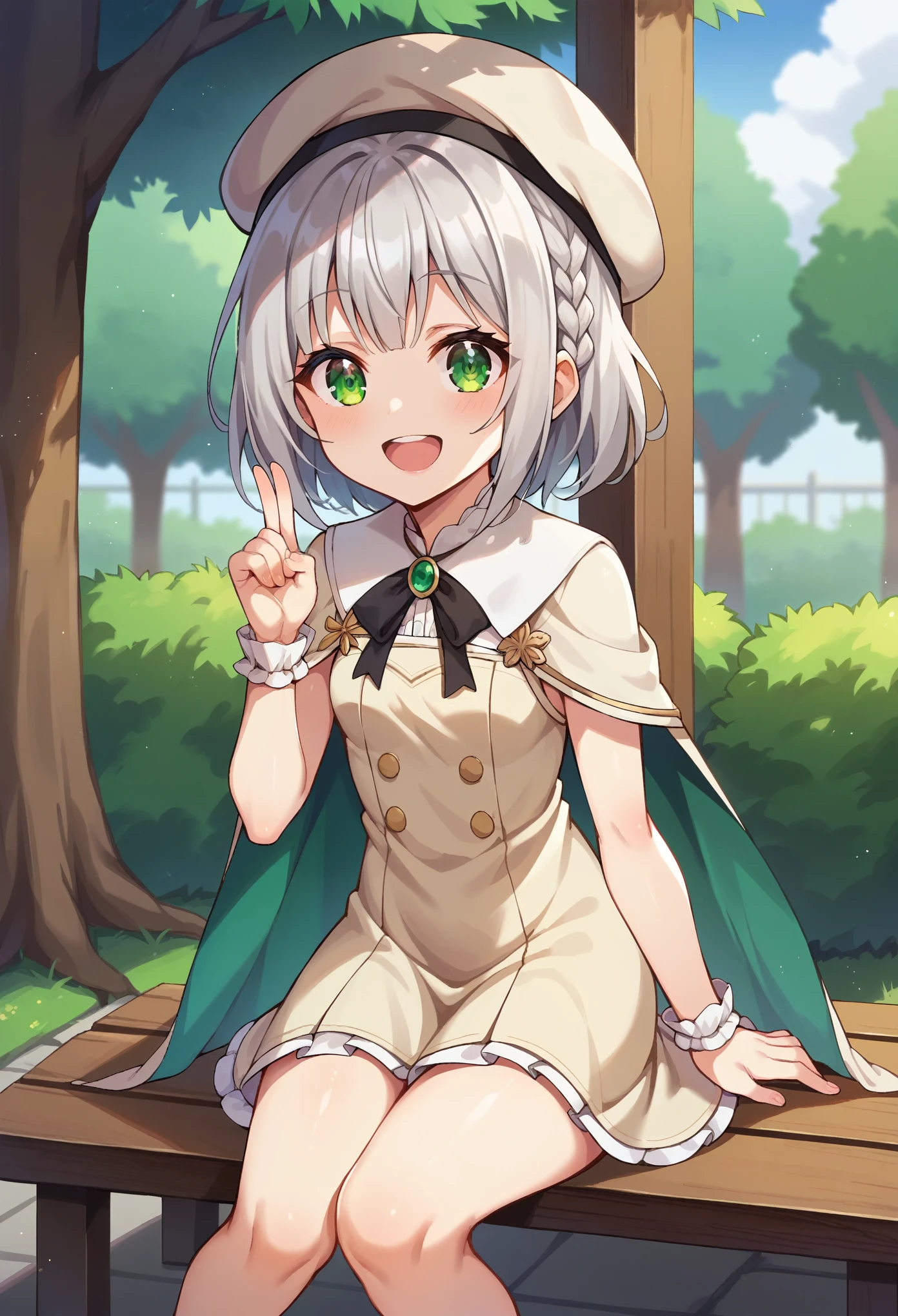 (masterpiece:1.2, Highest quality),Visible from the knees to the head, ,Green and yellow-green eyes,Drooping eyes,smile,Laughing with open mouth,(Silver Hair),Braid,Wearing a beret,Beige dress with gold trim,Short cape,Black Ribbon,Tree-lined street,Sitting on a bench,Stick out your index finger