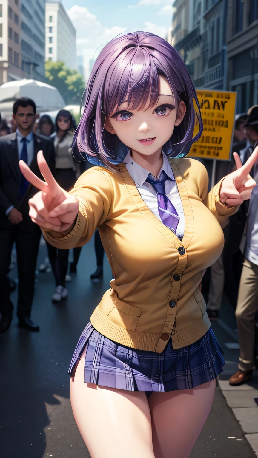 (Very detailed CG Unity 8K wallpaper),(masterpiece), (Highest quality), (Very detailed), (Best illustrations),(Best Shadow)、Large Breasts、crowd、smile、Standing and spreading legs pose(Showing her underwear 1.2)、Purple eyes and very short purple hair、White blouse、Blue tie、Checked mini skirt、Beige cardigan、Dynamic Angle