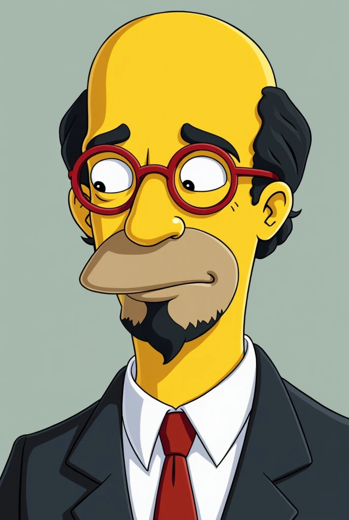 Create the animated character Kirk Evelyn Van Houten with a black goatee, who is Milhouse's dad with little black hair on the periphery and bald in the center of his rounded head with round red-framed glasses in a suit, with a flat nose with cheeks . Closed goatee beard
