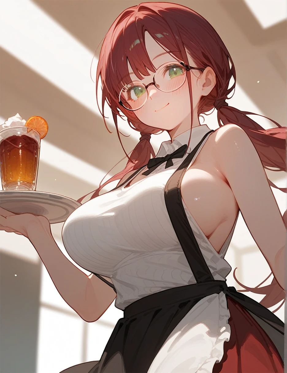 (from below:0.4), score_9_up,score_8_up, 1girl, solo, green eyes, burgundy hair,  twin low tails, long hair, waiter, ((blush)), singlet, closed mouth, smile, big breast, pose, (thin girl:1.2), glasses, 